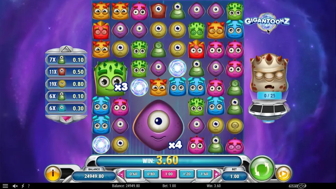 Gigantoonz spin 74 at a $1 bet, settled: a 4x4 purple mega at x4, a 3x3 green mega at x3 and three Quantum Wilds, WIN 3.60