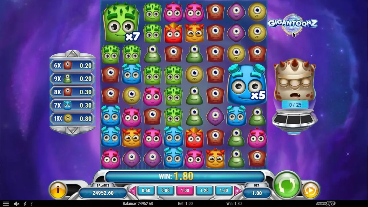 Gigantoonz spin 64 at a $1 bet, settled: a 2x2 green spiky mega symbol at x7 and a 2x2 blue mega at x5, win list and WIN 1.80