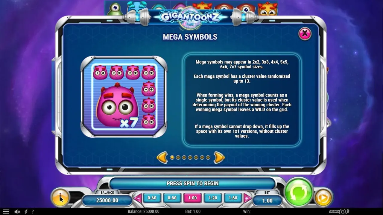 Gigantoonz Mega Symbols paytable page: a pink mega toon marked x7 among 1x1 pinks, sizes 2x2 to 7x7 and cluster values up to 13