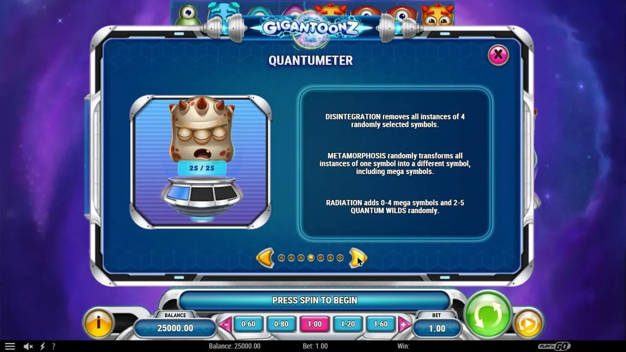 Gigantoonz Quantumeter paytable page: the Gargantoon at 25/25 beside the Disintegration, Metamorphosis and Radiation rules
