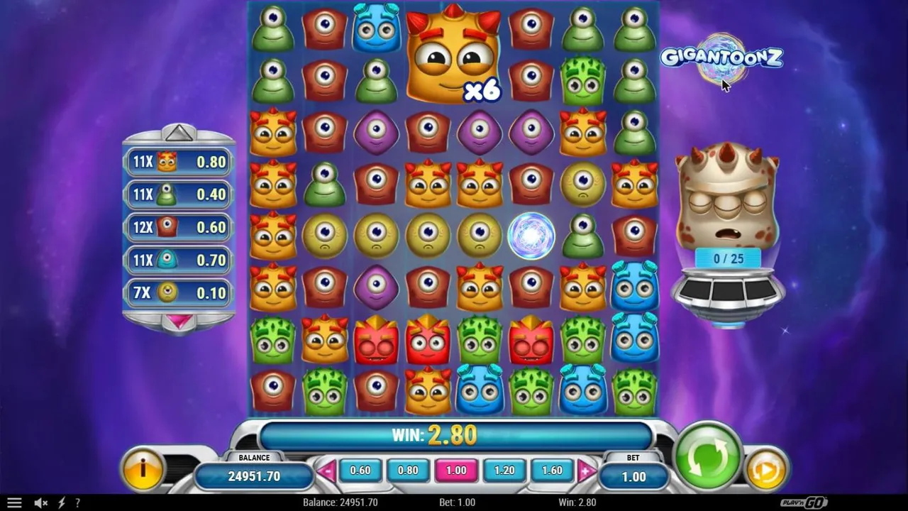Gigantoonz spin 68 at a $1 bet, settled: a 2x2 orange mega symbol at x6 and a glowing wild among the aliens, WIN 2.80