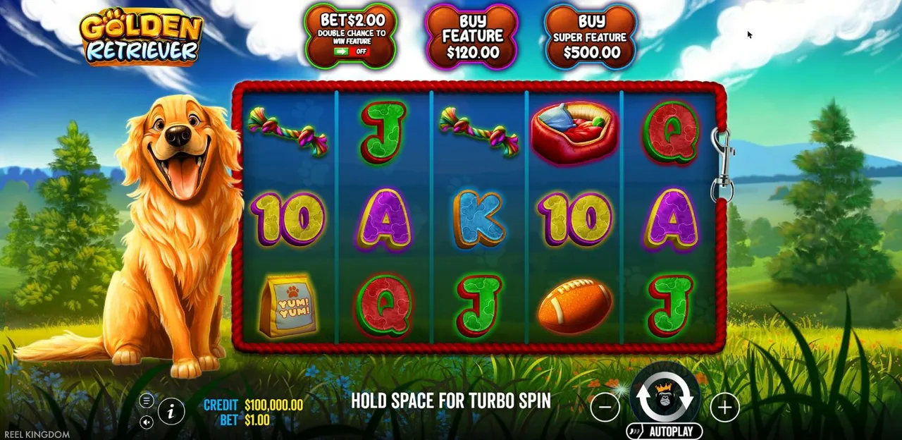 Golden Retriever slot base game at a $1 bet: a grinning golden retriever beside 5x3 reels framed in red rope on a sunny meadow