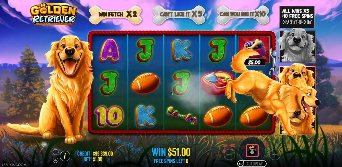 Golden Retriever free spins at dusk: the retriever leaps across the reels for the Win Fetch modifier, with the wild meter on the right