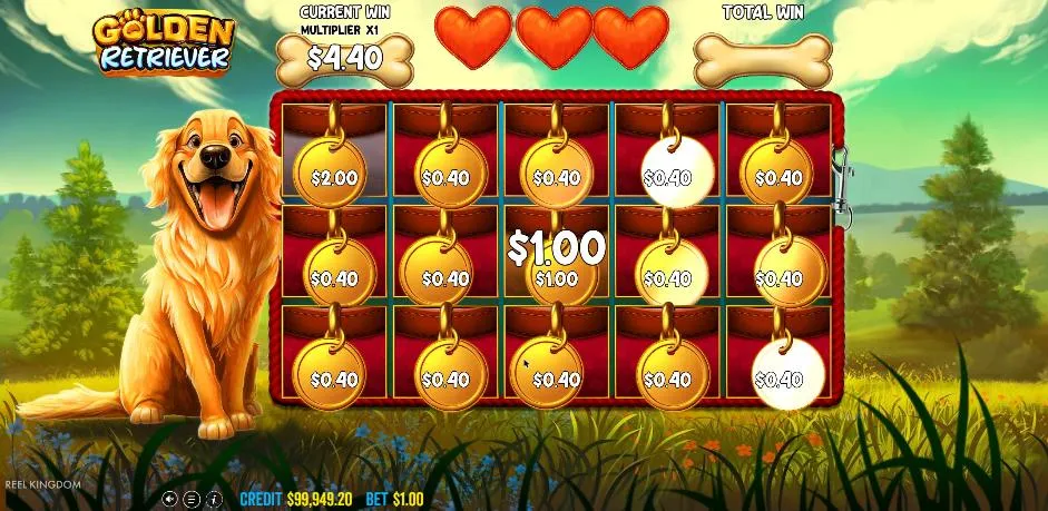 Golden Retriever Hold & Spin from our base game: all 15 positions filled with gold dog-tag coins worth $0.40 to $2.00, for $8.20 at x1