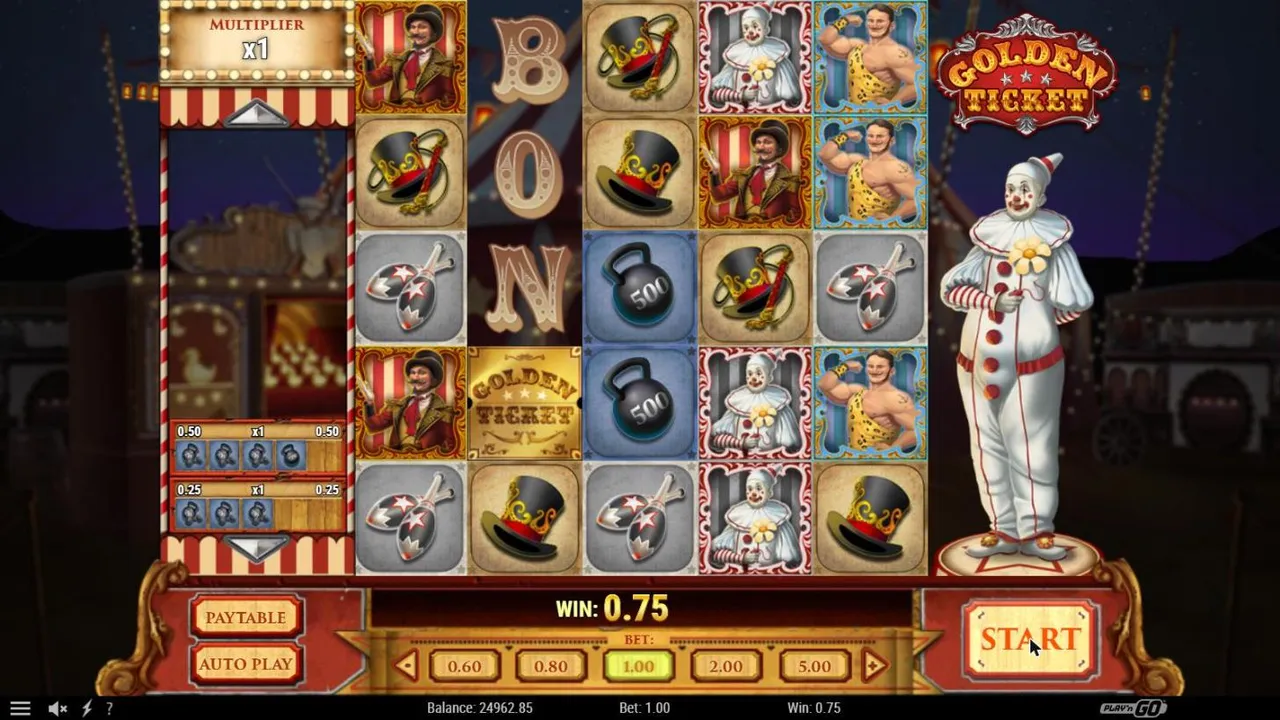 Golden Ticket base spin 100 at a $1 bet, settled: a 5x5 circus grid, BON revealed behind column 2, a Golden Ticket wild and WIN 0.75