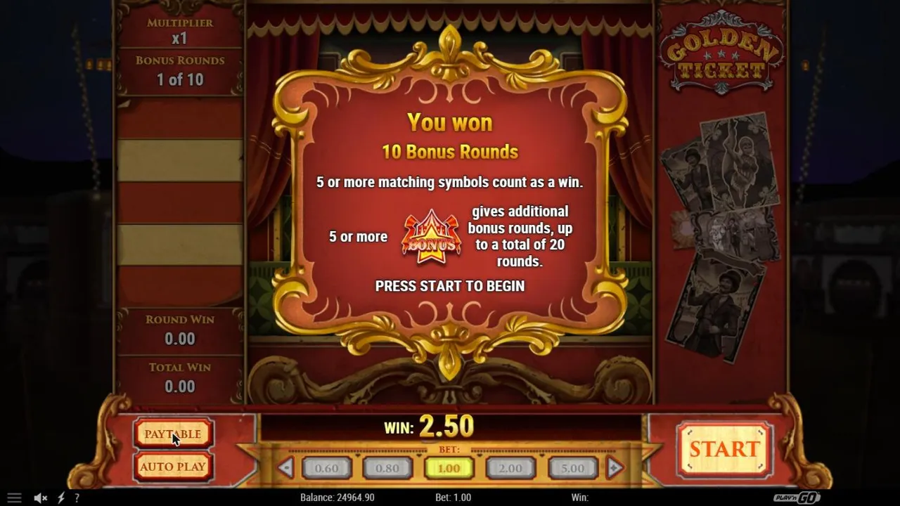 Golden Ticket bonus award after spin 61 at a $1 bet: You won 10 Bonus Rounds, 5 or more matching symbols win, Multiplier x1