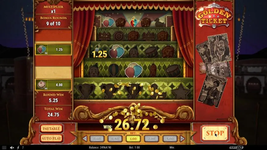Golden Ticket bonus round 9 of 10 after spin 61 at a $1 bet: shooting-gallery shelves with targets, the win counter still running