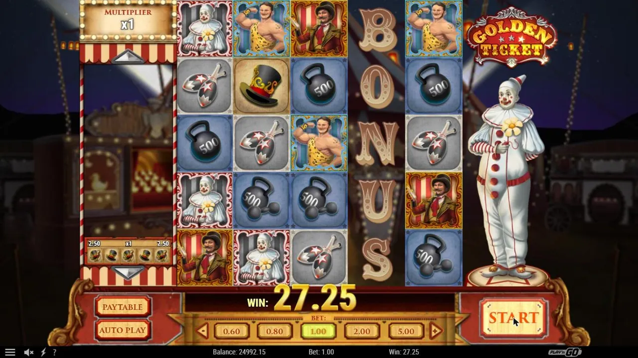Golden Ticket spin 61 at a $1 bet, settled after the bonus game: BONUS revealed behind column 4, the clown beside the grid, WIN 27.25