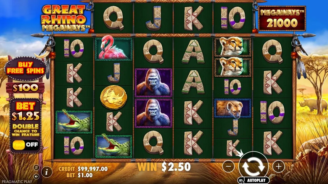 Great Rhino Megaways base game at a $1 bet: six savanna reels of 4 to 7 symbols with gorillas, cheetahs and a rhino coin, MEGAWAYS 21000, WIN $2.50