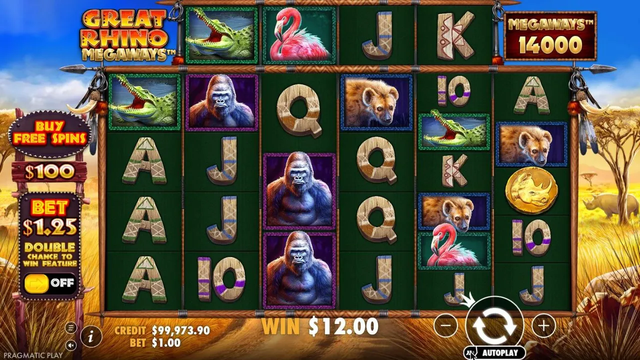 Great Rhino Megaways spin 82 at a $1 bet, settled: gorillas on reel 3 among crocodiles, hyenas and letters, MEGAWAYS 14000, WIN $12.00