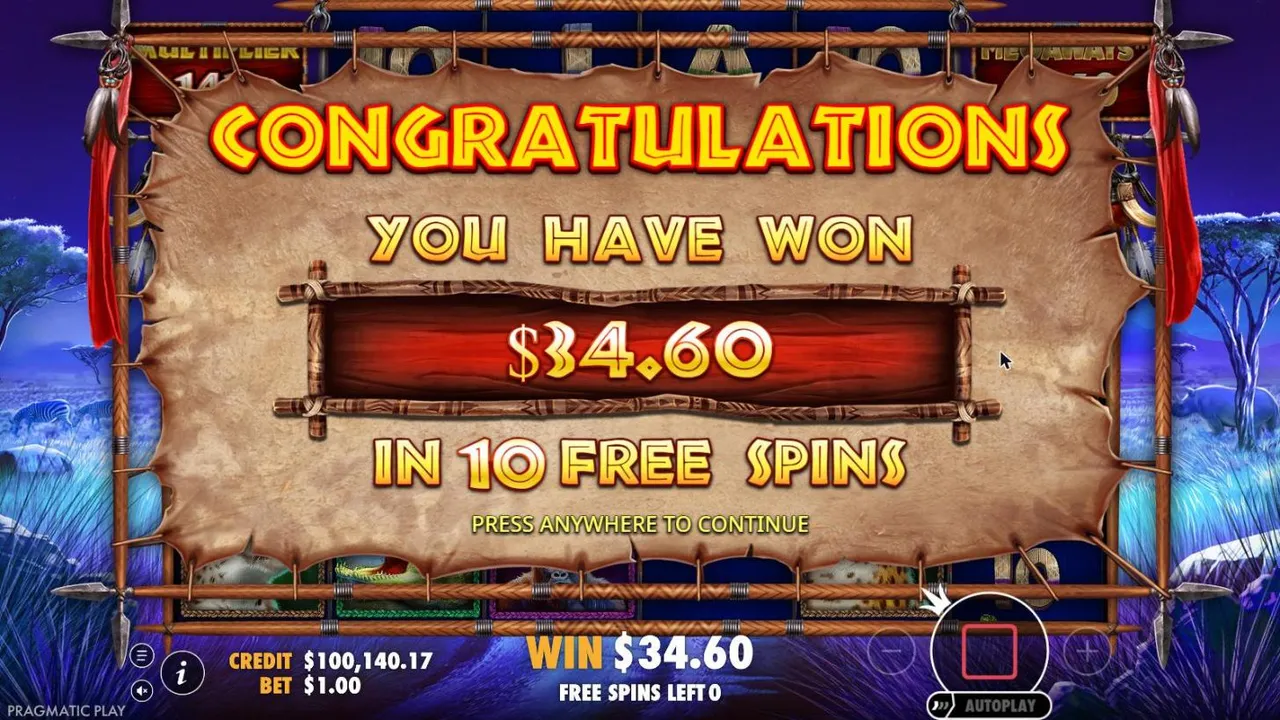 Great Rhino Megaways result screen after the Mystery option at a $1 bet: YOU HAVE WON $34.60 IN 10 FREE SPINS, WIN $34.60