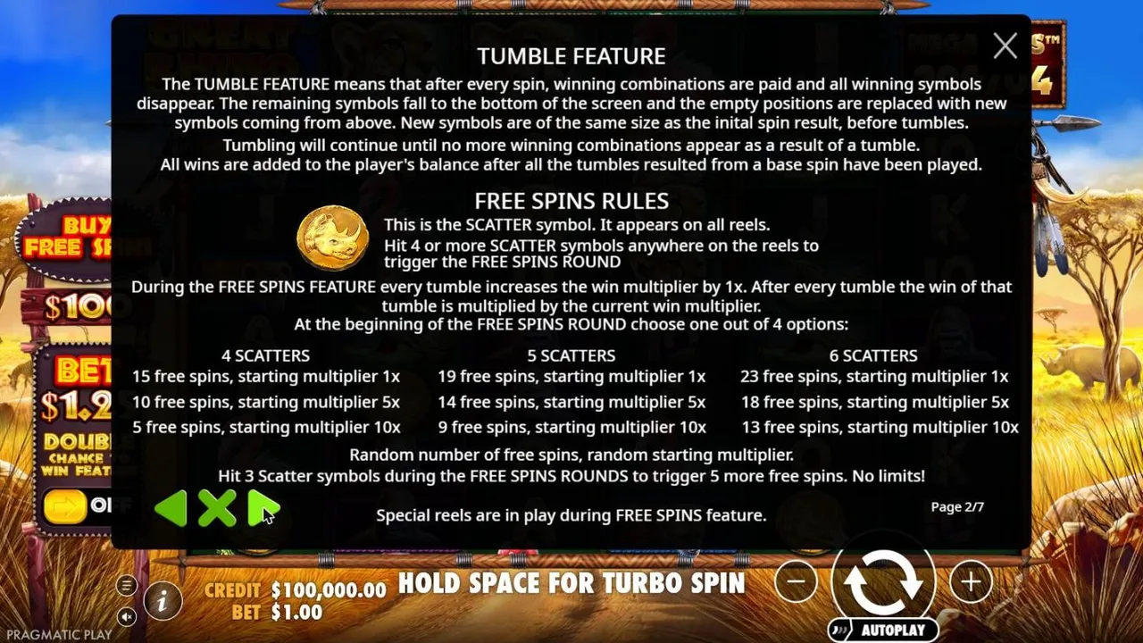 Great Rhino Megaways rules page 2: four or more scatters trigger free spins, with the spins and starting multipliers for 4, 5 and 6 scatters