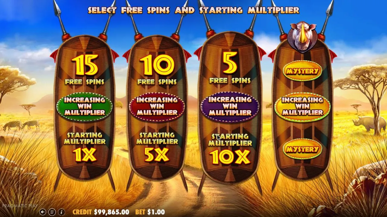 Great Rhino Megaways choice screen after our $100 buy: four shields offering 15 free spins at 1x, 10 at 5x, 5 at 10x and a MYSTERY option