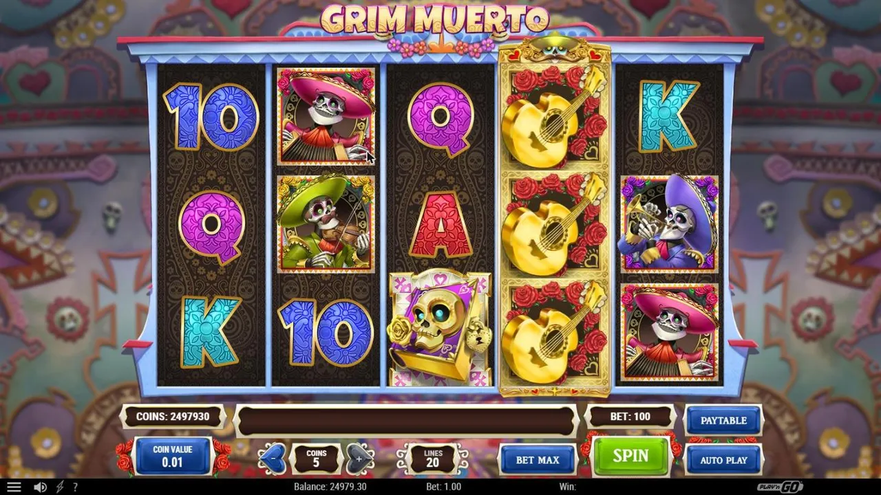 Grim Muerto base spin 100 at a $1 bet, settled: skeleton Mariachis, a guitar wild expanded over highlighted reel 4 and a book on reel 3