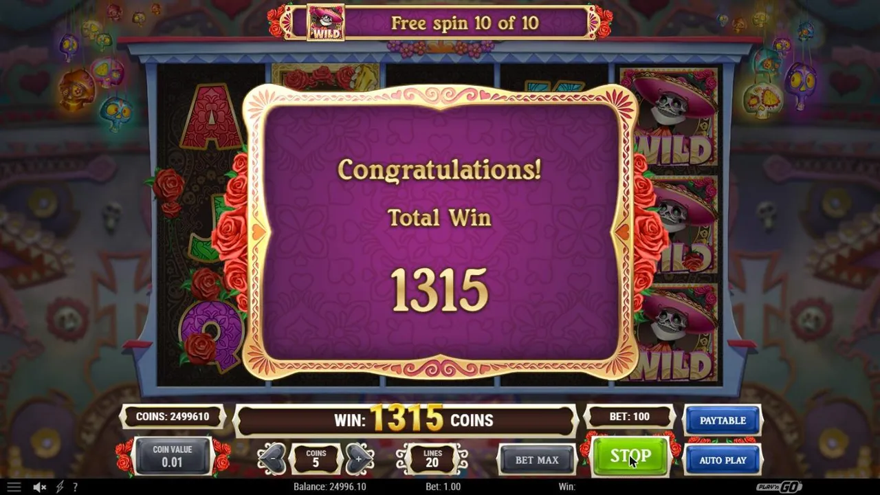 Grim Muerto end of the free spins from spin 66 at a $1 bet: Congratulations, Total Win 1315 coins, the pink Mariachi wild on reel 5