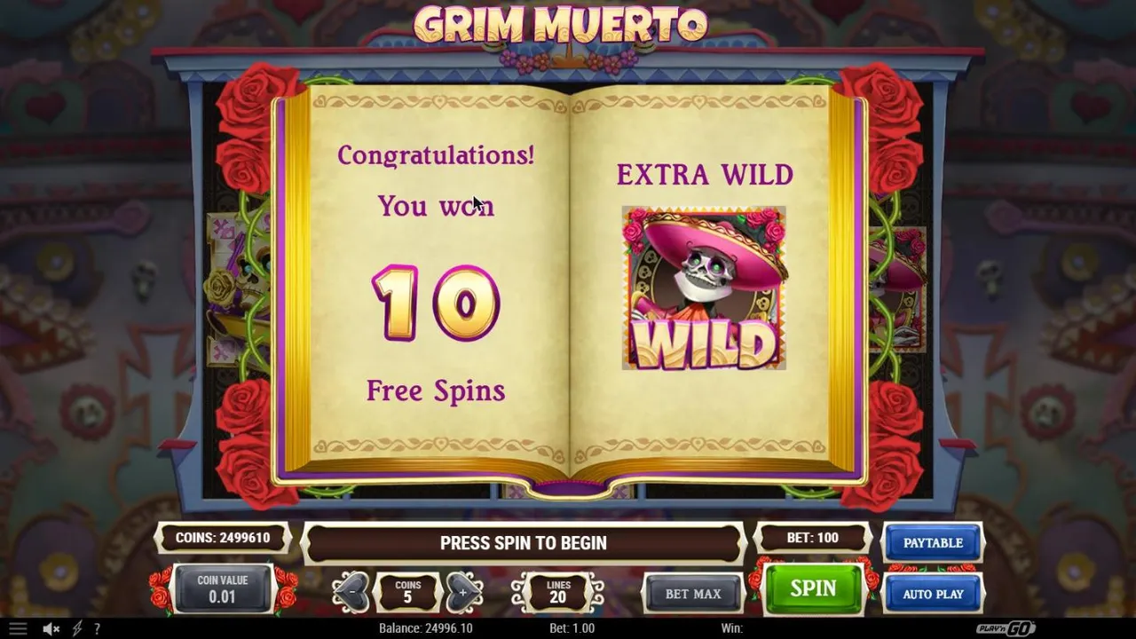 Grim Muerto free spins award after spin 66 at a $1 bet: an open book with You won 10 Free Spins and the pink Mariachi as EXTRA WILD
