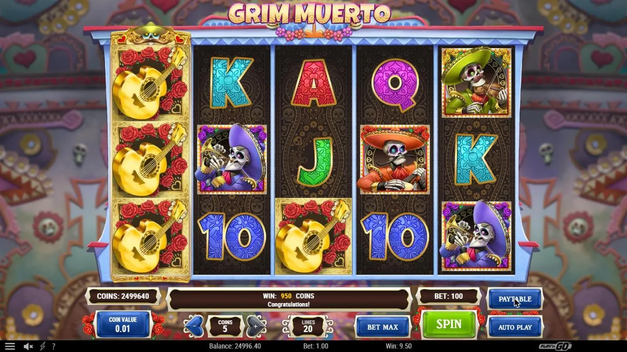 Grim Muerto spin 18 at a $1 bet, settled: the golden guitar wild expanded over highlighted reel 1, WIN 950 COINS Congratulations