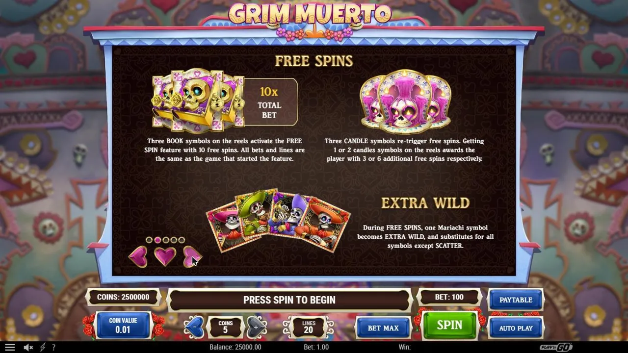 Grim Muerto free spins paytable page: three books for 10x the total bet and 10 spins, candles that retrigger, the Extra Wild Mariachis