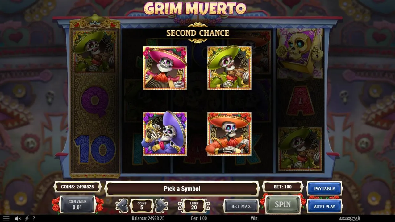Grim Muerto Second Chance on spin 28 at a $1 bet: four skeleton Mariachi cards to pick from over the dimmed reels, Pick a Symbol