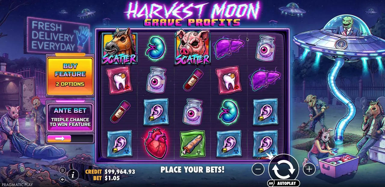 Harvest Moon - Grave Profits base game at a $1.05 bet: a 5x4 grid of bagged organs, mask scatters and an alien UFO on the right