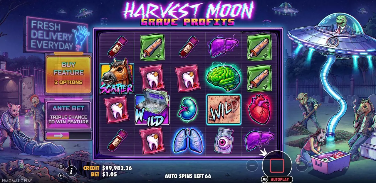 Harvest Moon - Grave Profits Silver Wild, a Human Organ cooler box on reel 2, about to add extra wilds to the screen
