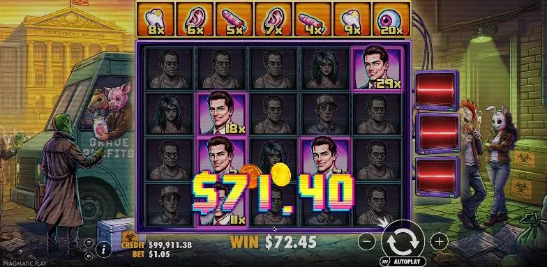 Harvest Moon - Grave Profits Respins result: five money symbols from 3x to 29x among grey faces, paying $71.40