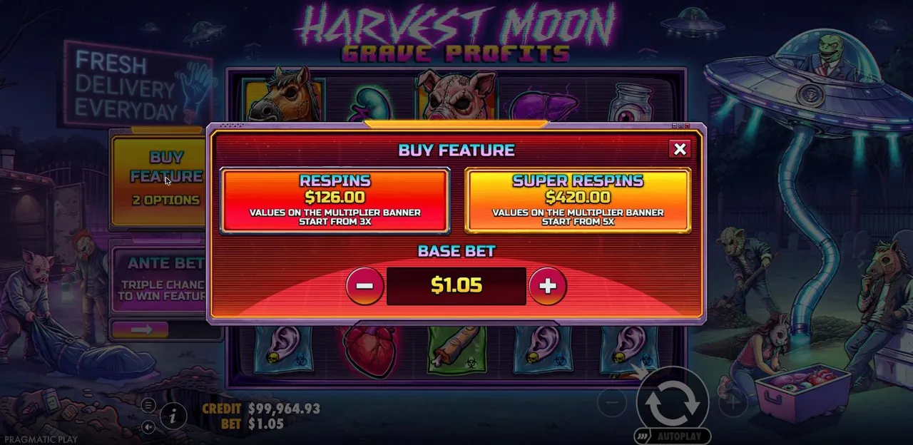 Harvest Moon - Grave Profits Buy Feature menu at a $1.05 bet: Respins $126 and Super Respins $420