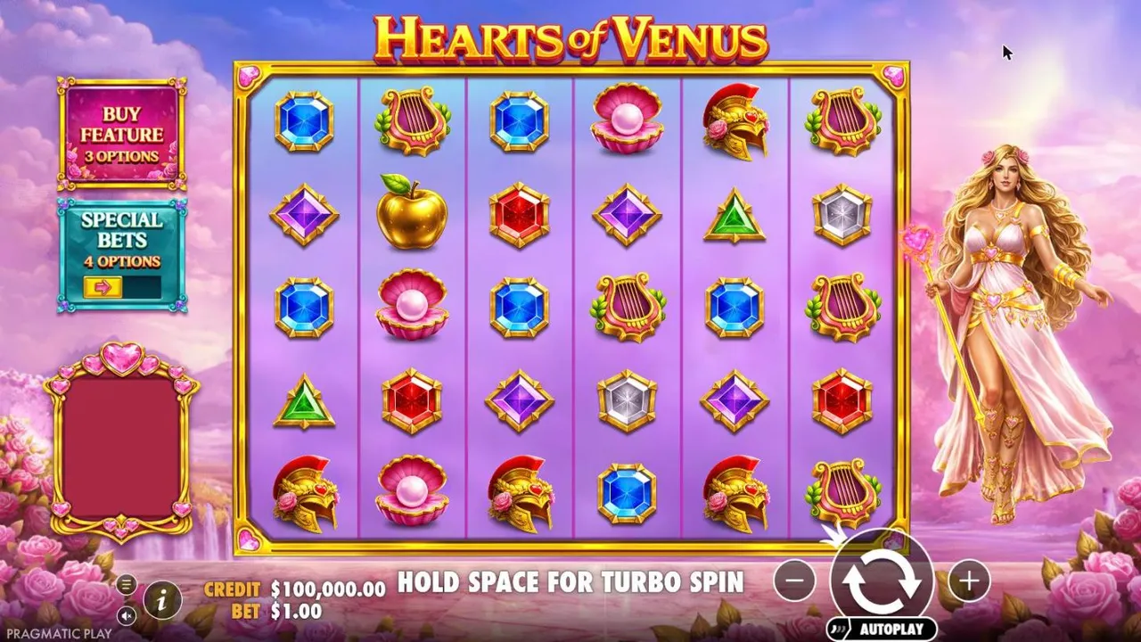 Hearts of Venus base game at a $1 bet: a 6x5 grid of gems, lyres, pearl shells and helmets, with Venus holding a heart staff on the right