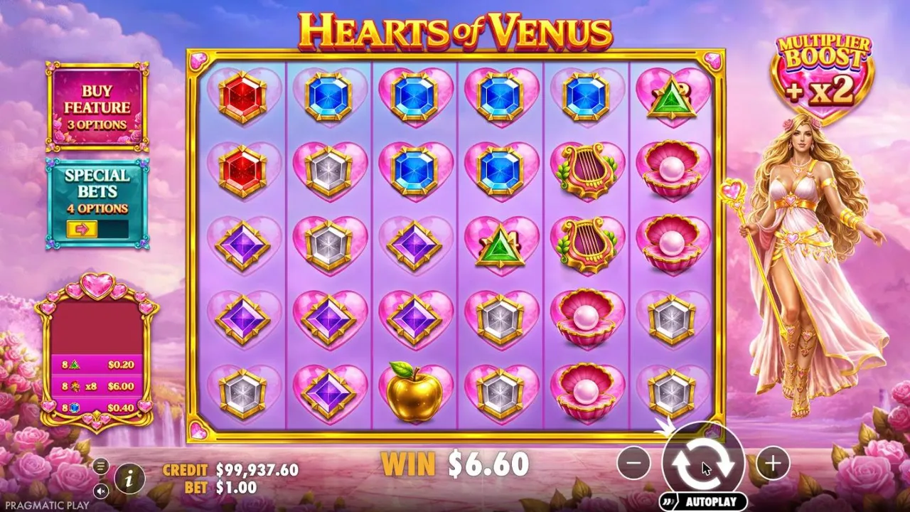Hearts of Venus spin 95 at a $1 bet: pink heart multiplier spots across the grid, 8 helmets on x8 for $6.00 and WIN $6.60