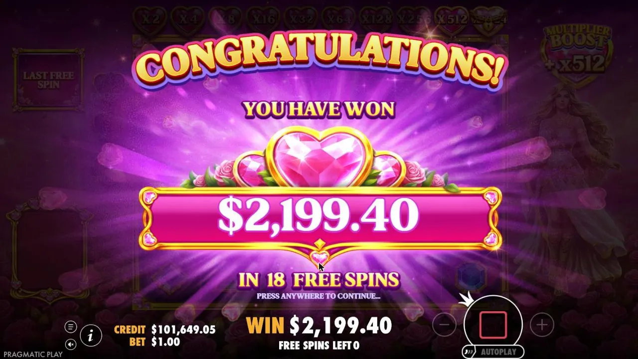 Hearts of Venus result screen after the $400 Super Free Spins buy: You have won $2,199.40 in 18 free spins, at a $1 bet