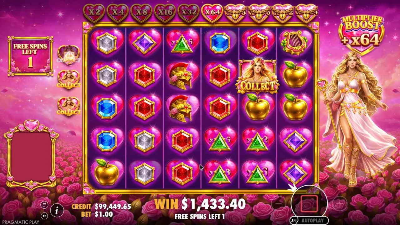 Hearts of Venus Super Free Spins after spin 11: every position a pink heart, the boost ladder lit to x64 and a COLLECT symbol on reel 5