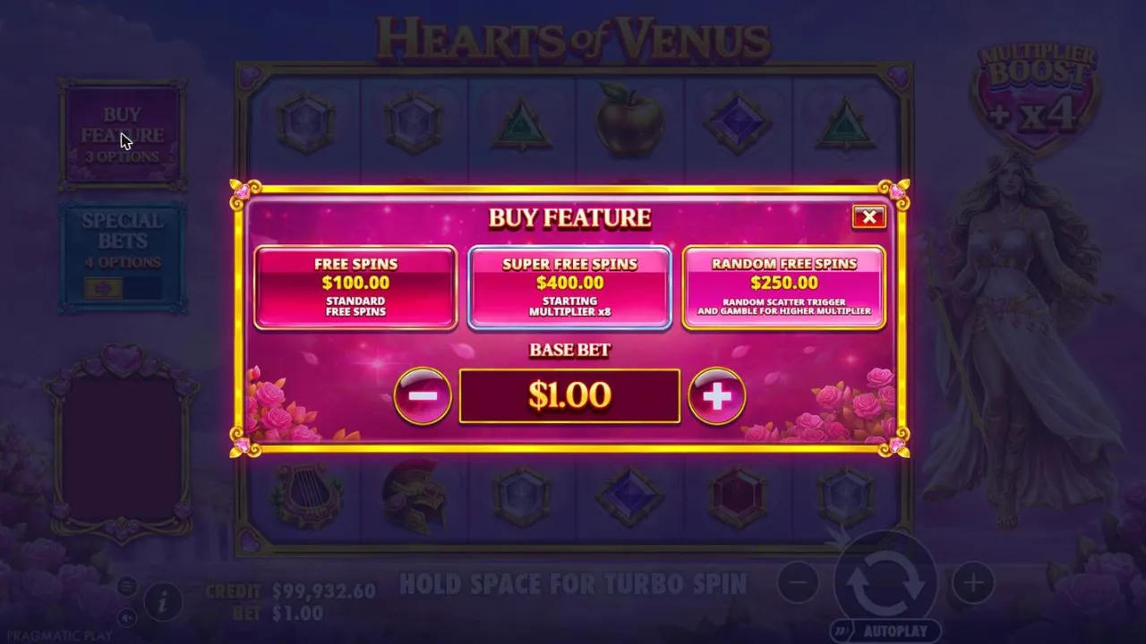 Hearts of Venus Buy Feature menu at a $1 base bet: Free Spins $100, Super Free Spins $400 with an x8 start, Random Free Spins $250