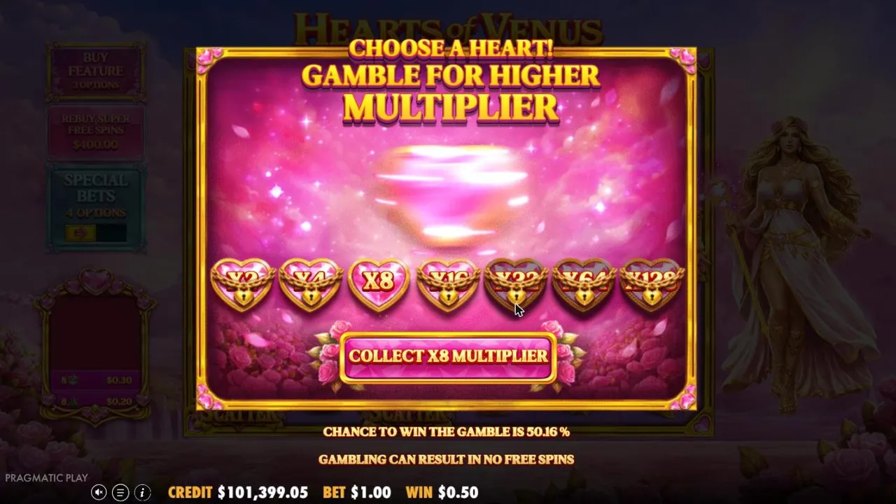 Hearts of Venus Random Free Spins gamble screen: hearts from x2 to x128 with x8 lit, a Collect x8 button and a 50.16% chance to win