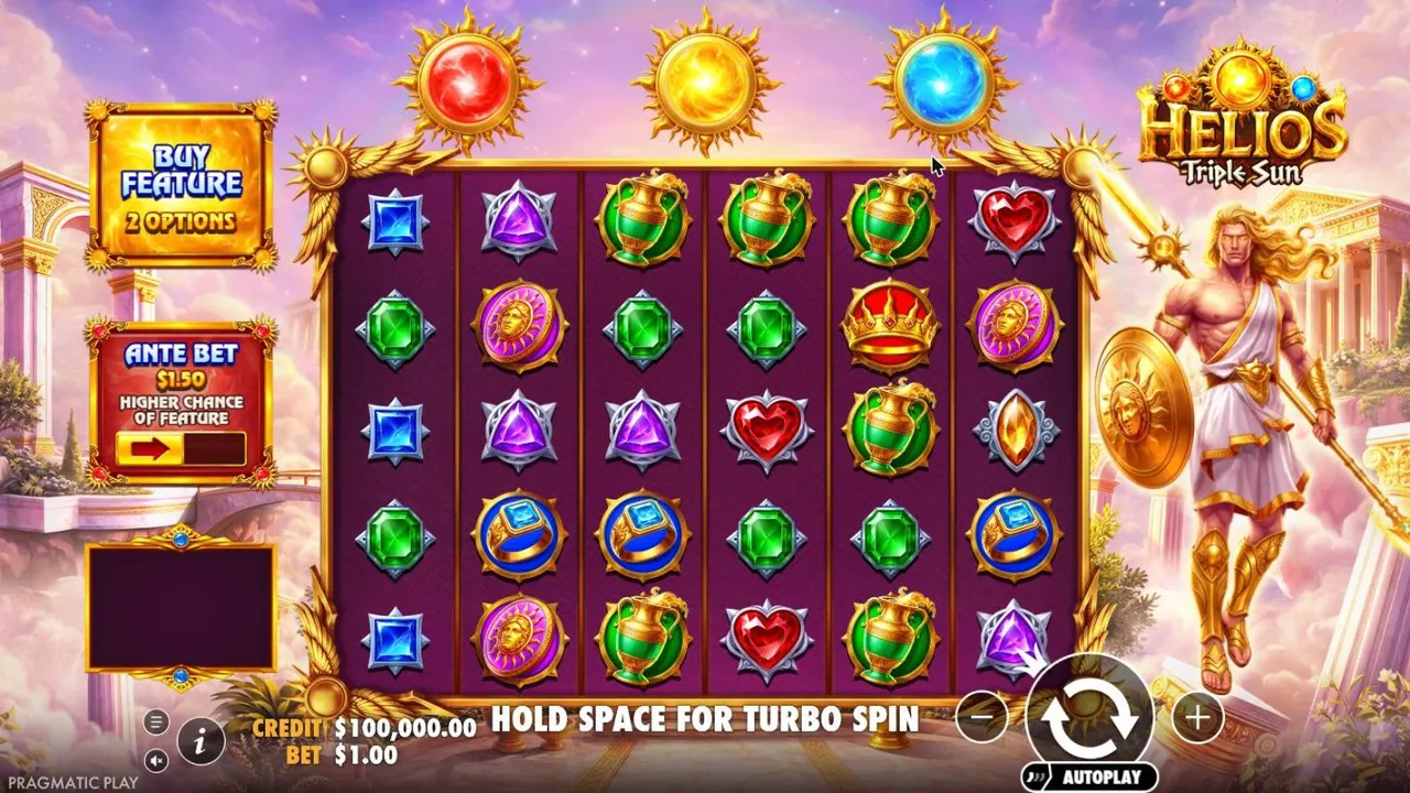 Helios - Triple Sun base game at a $1 bet: a 6x5 grid of crowns, amphorae, rings and gems under red, yellow and blue suns, with Helios on the right