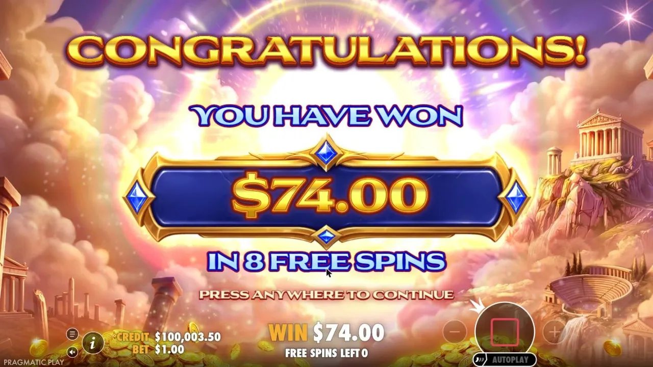 Helios - Triple Sun result screen after the natural free spins on spin 91: You have won $74.00 in 8 free spins, at a $1 bet