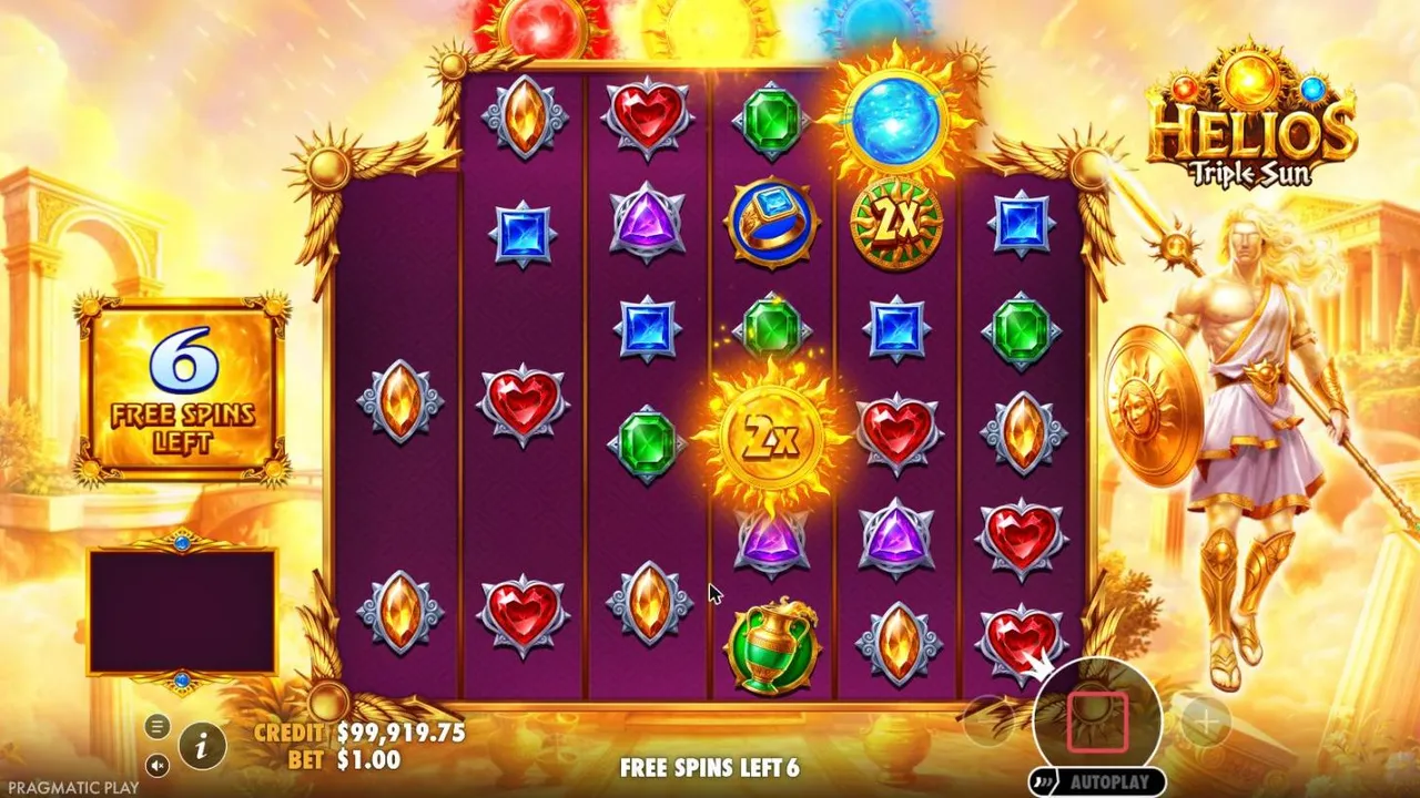 Helios - Triple Sun free spins from our $80 buy: reels 2 to 5 one row taller, two gold 2x multiplier suns and a blue sun scatter on reel 5