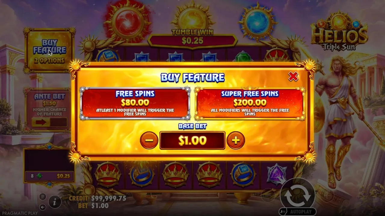 Helios - Triple Sun Buy Feature menu at a $1 base bet: Free Spins $80.00 and Super Free Spins $200.00, which starts with all three suns