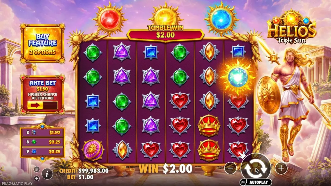 Helios - Triple Sun spin 23 at a $1 bet, settled: TUMBLE WIN $2.00, a blue sun scatter on reel 6 and the tumble list on the left