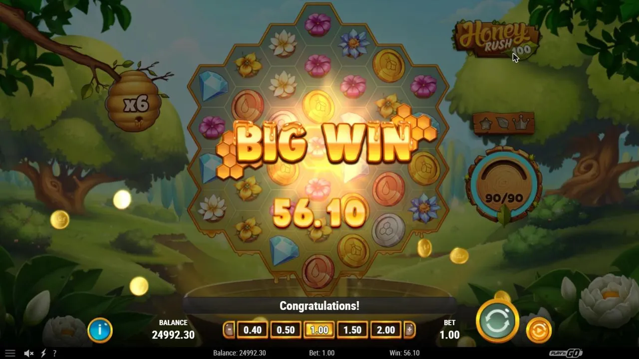 Honey Rush 100 spin 19 at a $1 bet: BIG WIN 56.10 at its final amount over the honeycomb, the beehive at x6 and the meter at 90/90