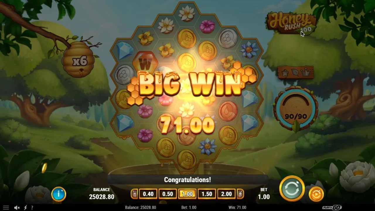 Honey Rush 100 spin 45 at a $1 bet: BIG WIN 71.00 at its final amount, the beehive multiplier at x6 and the Rush Meter at 90/90