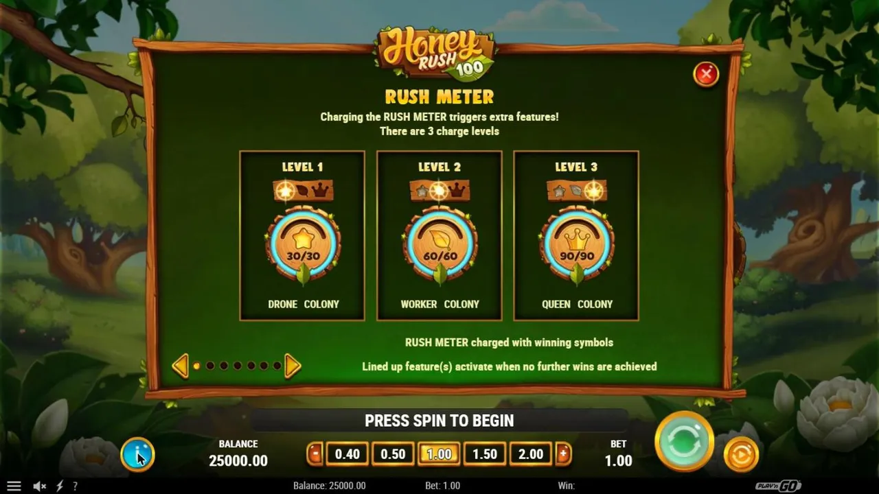 Honey Rush 100 Rush Meter paytable page: Level 1 30/30 Drone Colony, Level 2 60/60 Worker Colony, Level 3 90/90 Queen Colony