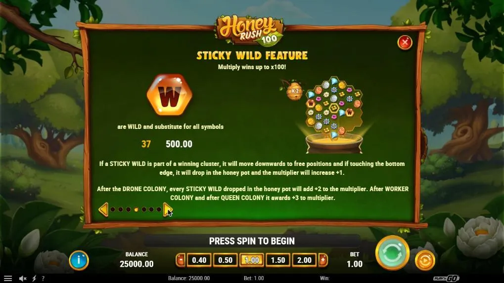 Honey Rush 100 Sticky Wild paytable page: the W wild, 37 wilds for 500.00, wilds dropping into the honey pot and the x100 multiplier cap