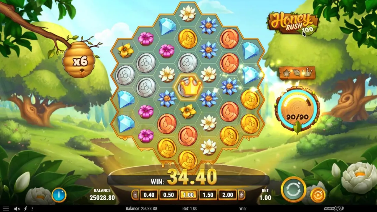 Honey Rush 100 spin 45 at a $1 bet, mid-round: a golden crown on the centre cell, the beehive at x6 and the Rush Meter full at 90/90