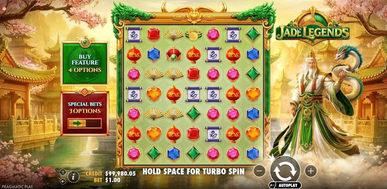 Jade Legends base game at a $1 bet: a 7x7 grid of gems, lanterns, fans and crowns, with the sage holding a jade dragon on the right