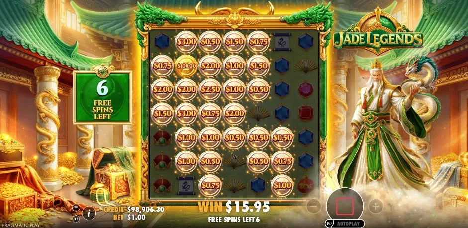 Jade Legends Super Free Spins: a Jade Dragon collect fills the marked spots with coins, including a $100 gold coin, on the spin that paid $134.25