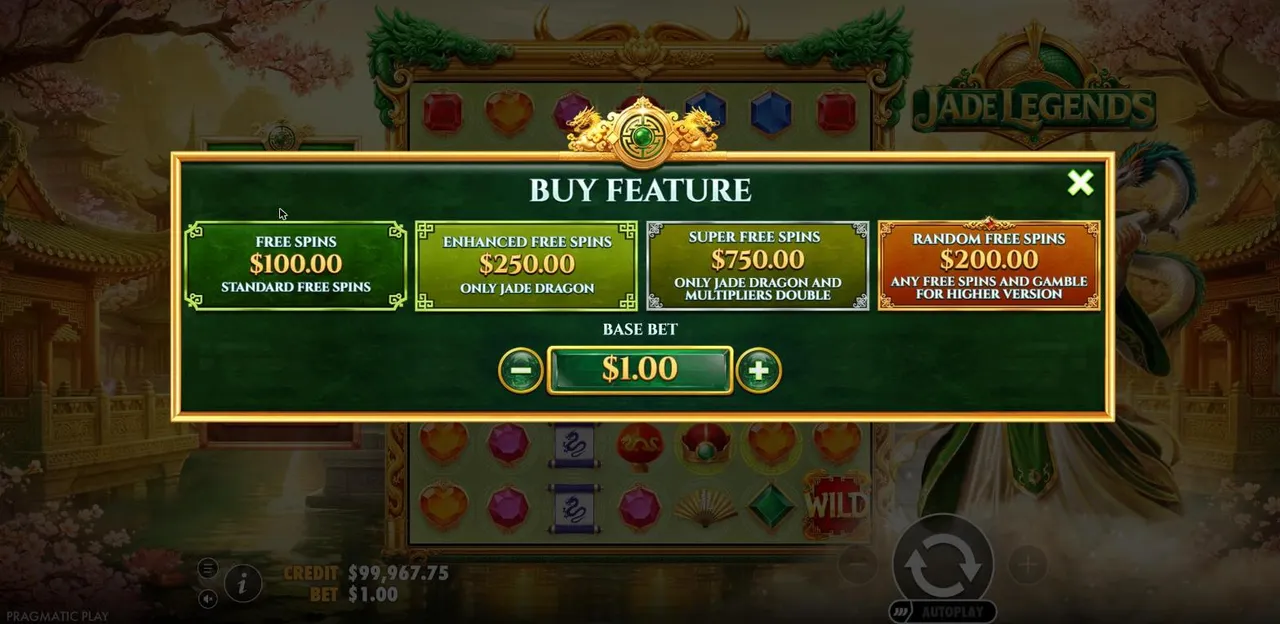 The Jade Legends Buy Feature menu at a $1 base bet: Free Spins $100, Enhanced Free Spins $250, Super Free Spins $750 and Random Free Spins $200