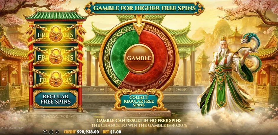 Jade Legends Random Free Spins gamble wheel, offering a 40% chance to move up from Regular Free Spins, with the three higher tiers locked on the left