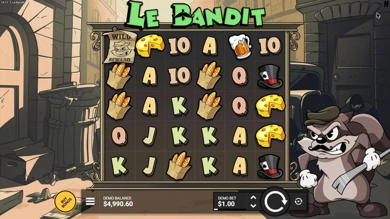 Le Bandit base game at a $1 bet: a 6x5 grid of card letters, cheese, beer, baguettes and top hats, with Smokey the raccoon on the right