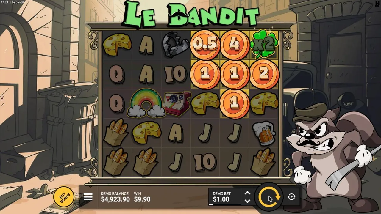 Le Bandit base spin 88 at a $1 bet, settled: Bronze Coins and an x2 Four-Leaf Clover on Golden Squares, a Rainbow on reel 2, WIN $9.90