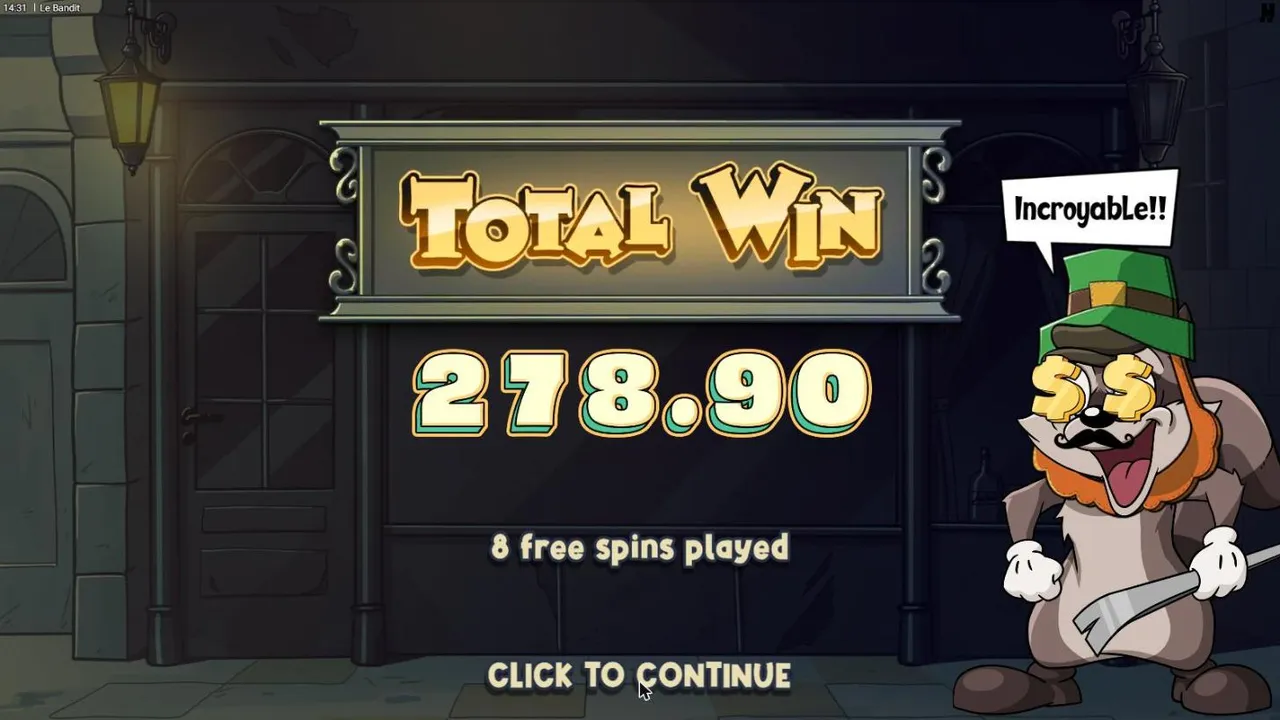 Le Bandit TOTAL WIN plaque after our $100 Luck of the Bandit buy: 278.90 from 8 free spins played, Smokey in a leprechaun hat